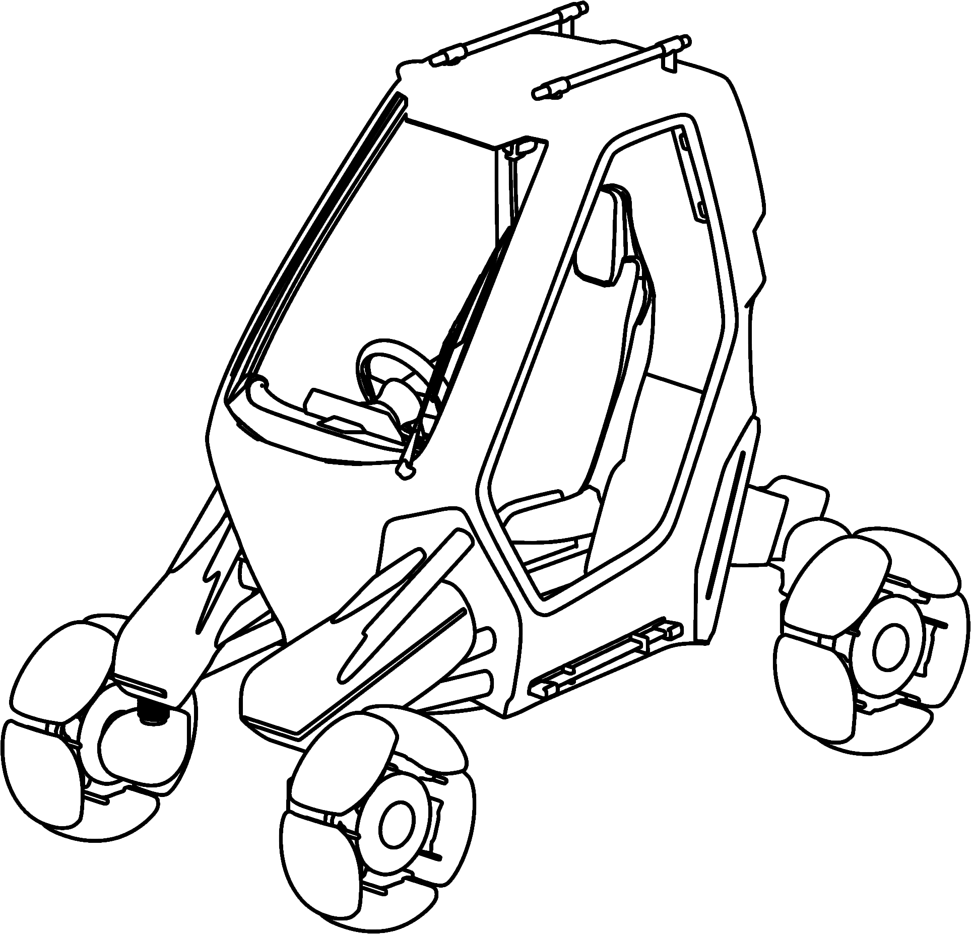 CAIRN 轴测结构线图，展示座舱开口和车轮连接
