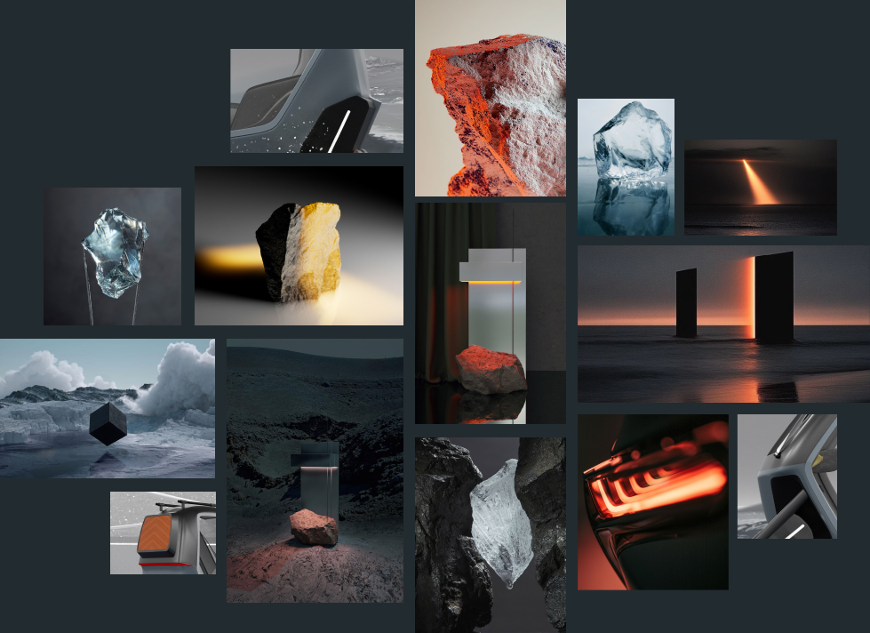 海面、灯塔、岩石、宝石、橙色光束与车体细节组成的 moodboard 拼贴